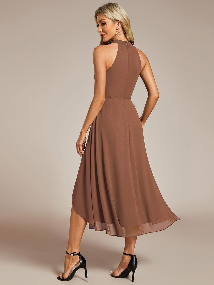 Midi A Line Sleeveless Halter Neck Evening Dress in Chiffon #color_Brown