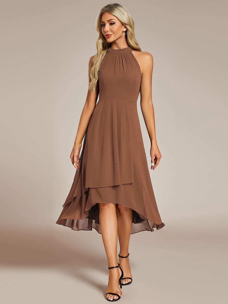Midi A Line Sleeveless Halter Neck Evening Dress in Chiffon #color_Brown