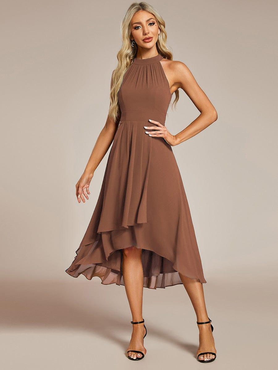Midi A Line Sleeveless Halter Neck Evening Dress in Chiffon #color_Brown