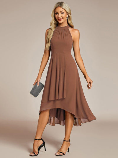 Midi A Line Sleeveless Halter Neck Evening Dress in Chiffon #color_Brown