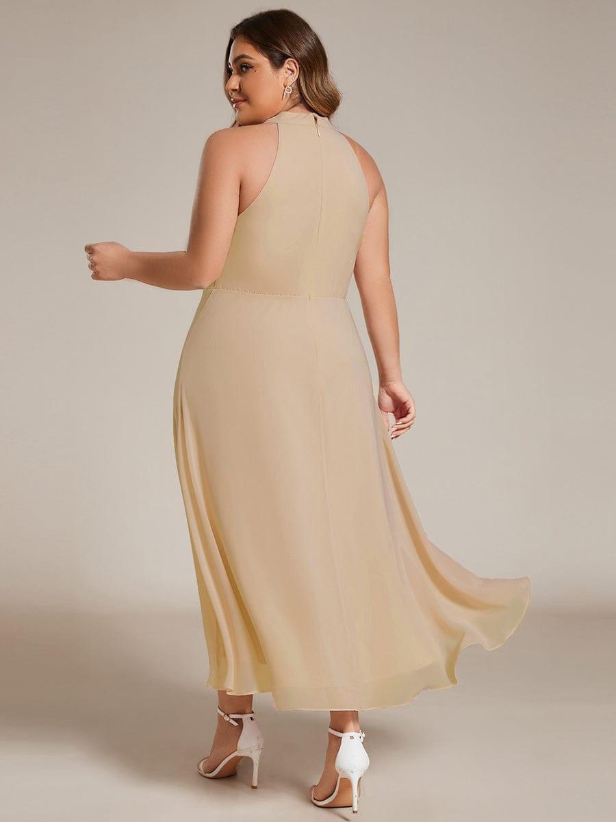 Midi A Line Sleeveless Halter Neck Evening Dress in Chiffon #color_Champagne
