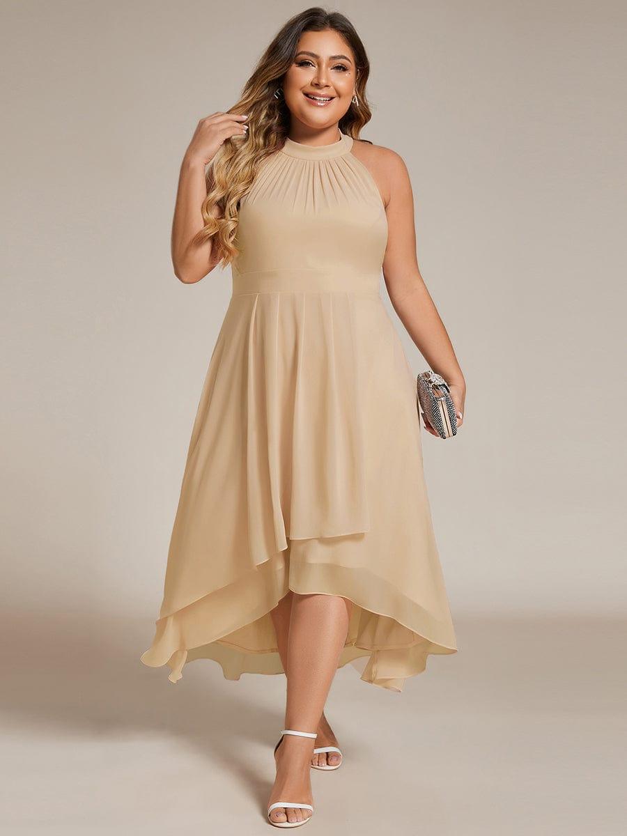 Midi A Line Sleeveless Halter Neck Evening Dress in Chiffon #color_Champagne