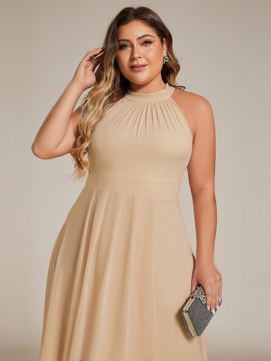 Midi A Line Sleeveless Halter Neck Evening Dress in Chiffon #color_Champagne