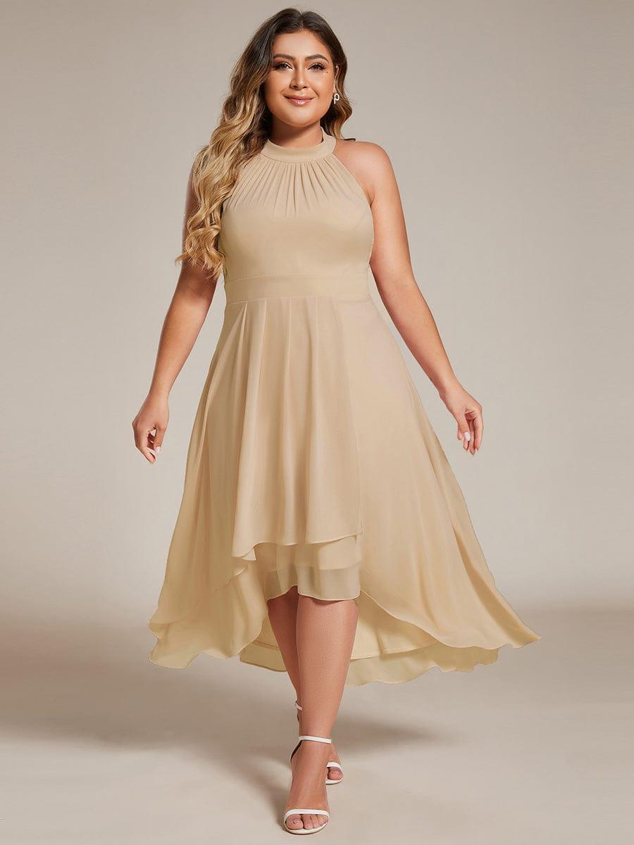 Midi A Line Sleeveless Halter Neck Evening Dress in Chiffon #color_Champagne