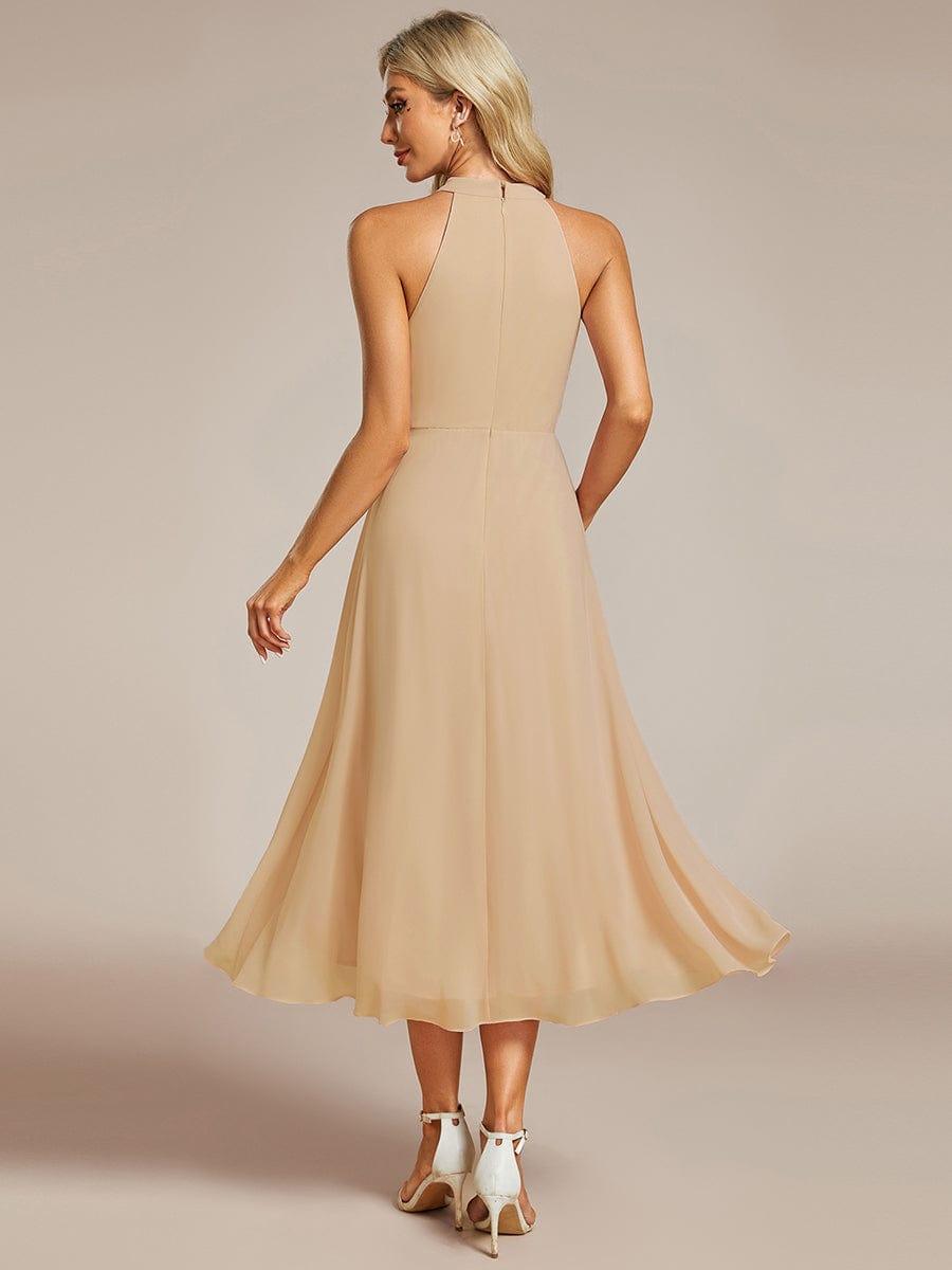 Midi A Line Sleeveless Halter Neck Evening Dress in Chiffon #color_Champagne