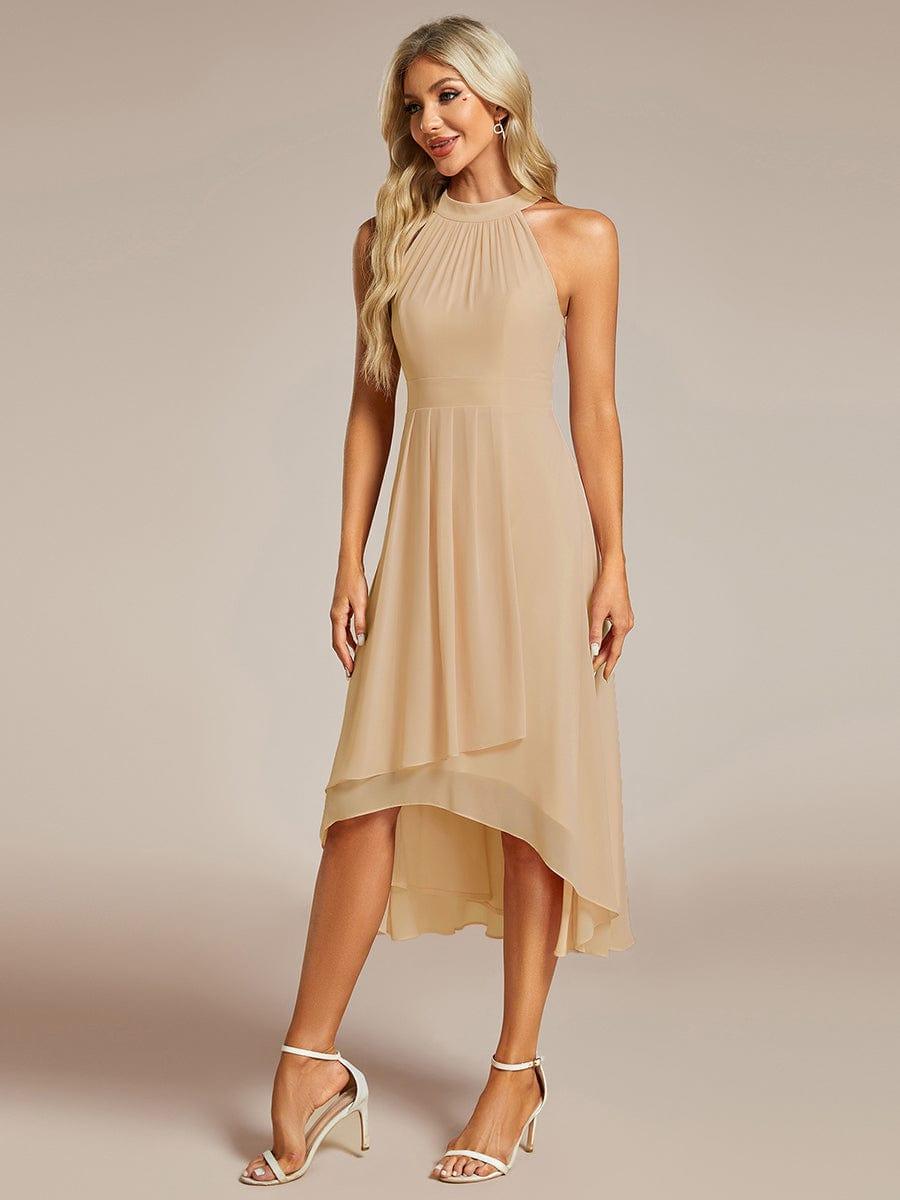 Midi A Line Sleeveless Halter Neck Evening Dress in Chiffon #color_Champagne