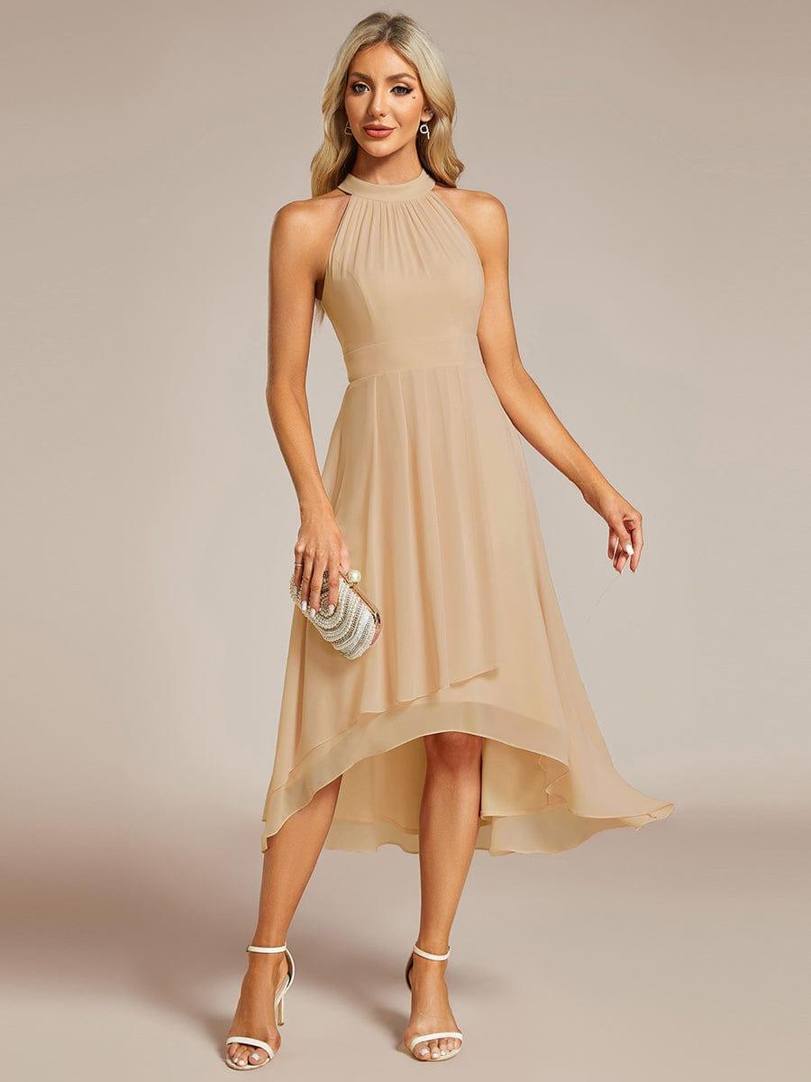 Midi A Line Sleeveless Halter Neck Evening Dress in Chiffon #color_Champagne