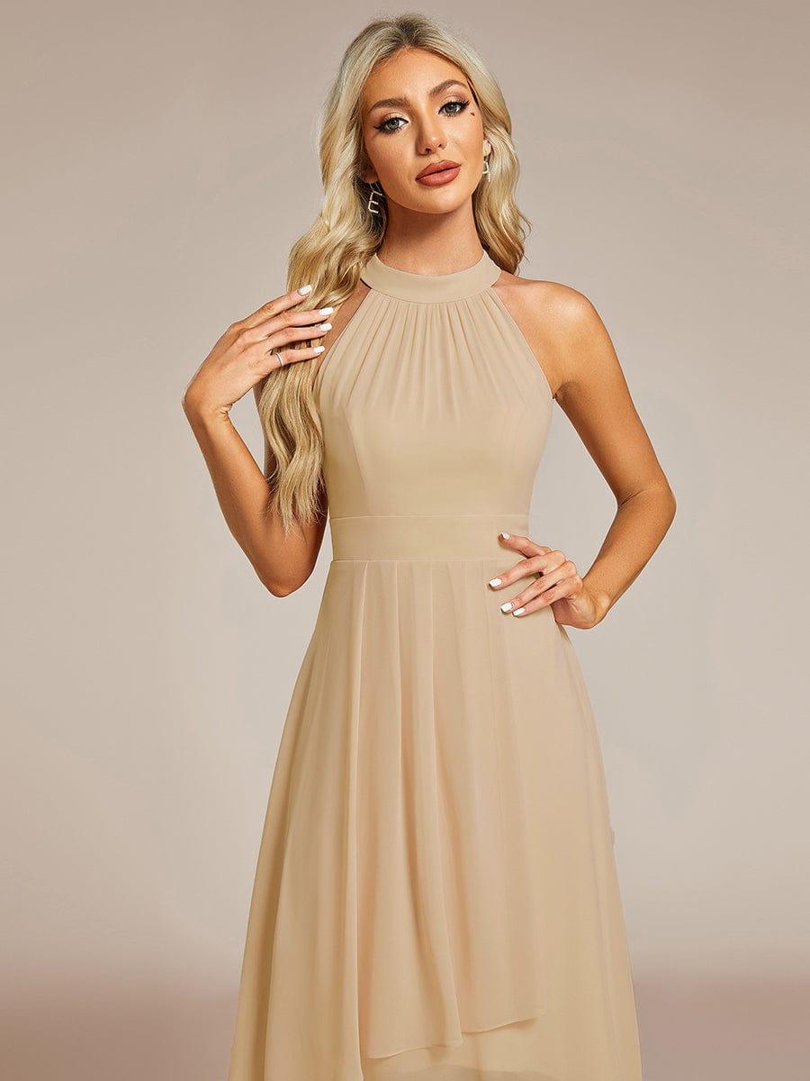 Midi A Line Sleeveless Halter Neck Evening Dress in Chiffon #color_Champagne