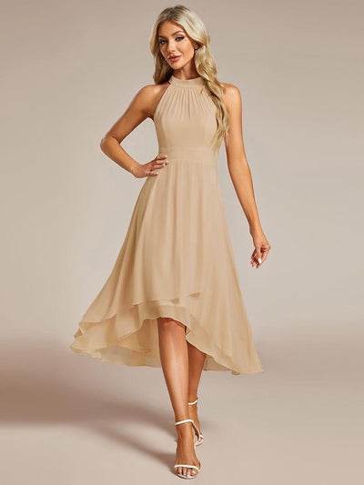 Midi A Line Sleeveless Halter Neck Evening Dress in Chiffon #color_Champagne