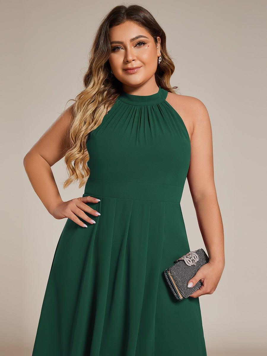 Midi A Line Sleeveless Halter Neck Evening Dress in Chiffon #color_Dark Green