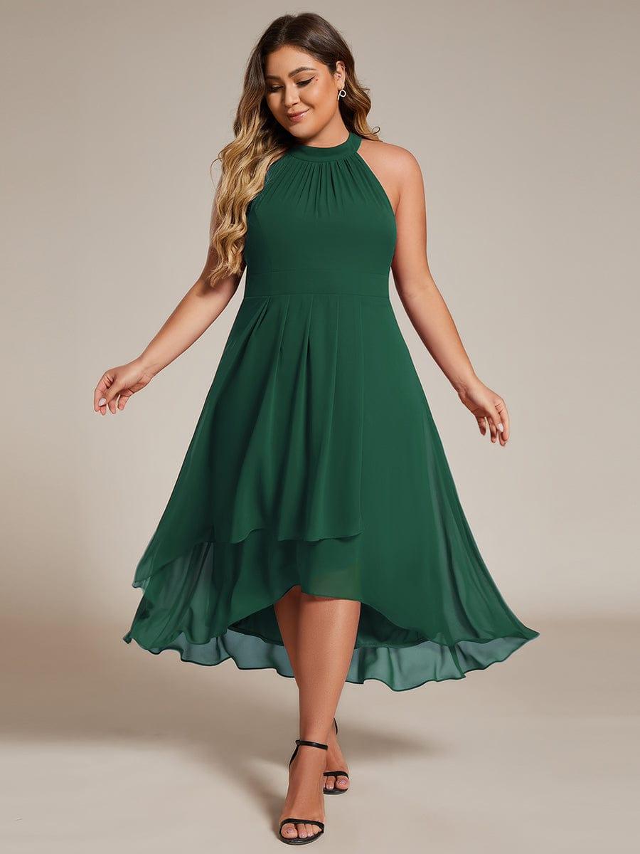 Midi A Line Sleeveless Halter Neck Evening Dress in Chiffon #color_Dark Green