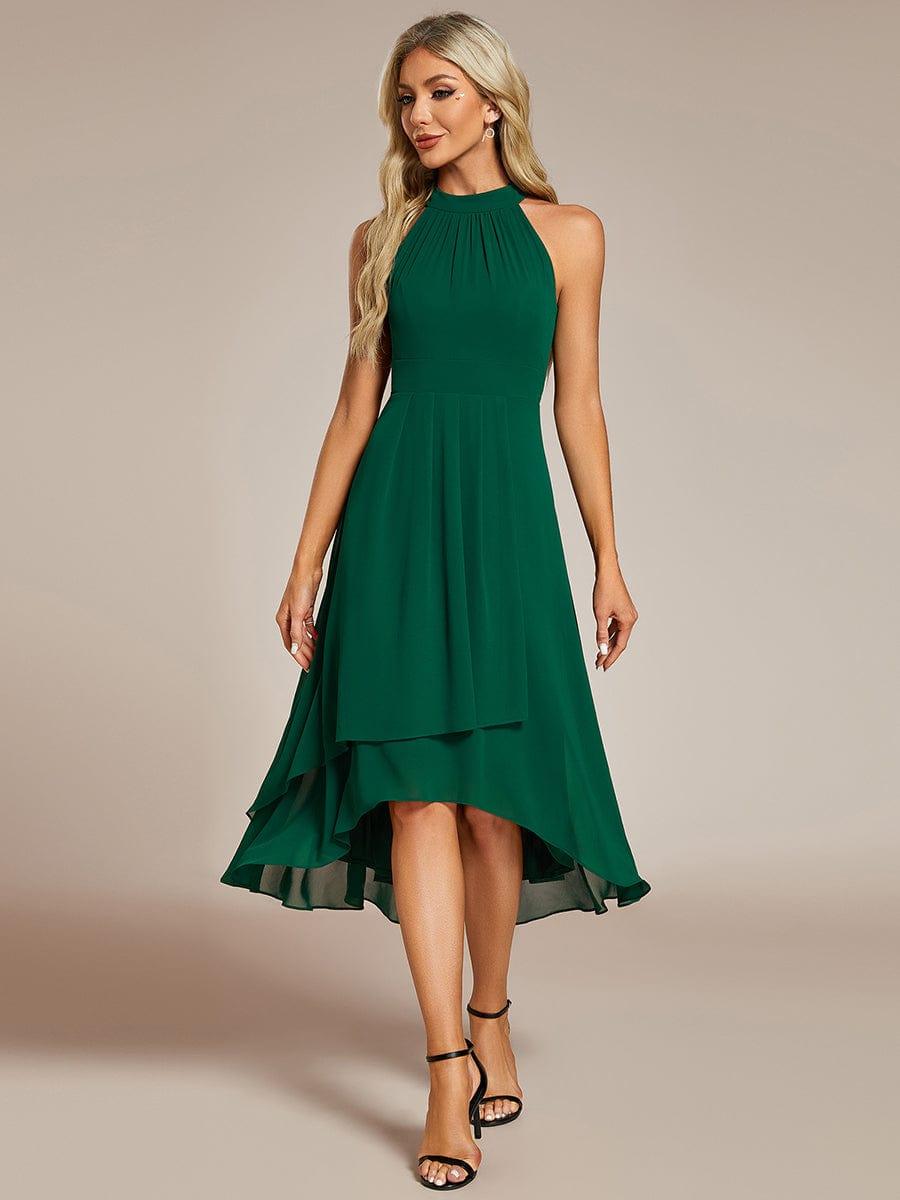 Midi A Line Sleeveless Halter Neck Evening Dress in Chiffon #color_Dark Green