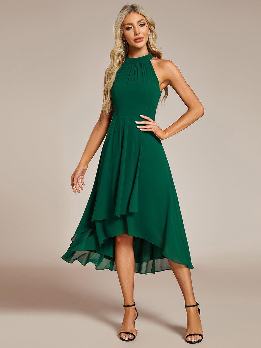 Midi A Line Sleeveless Halter Neck Evening Dress in Chiffon #color_Dark Green