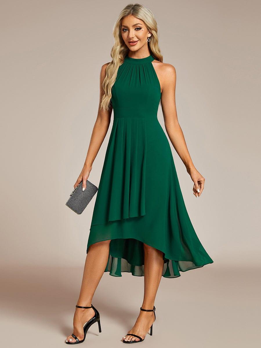 Midi A Line Sleeveless Halter Neck Evening Dress in Chiffon #color_Dark Green