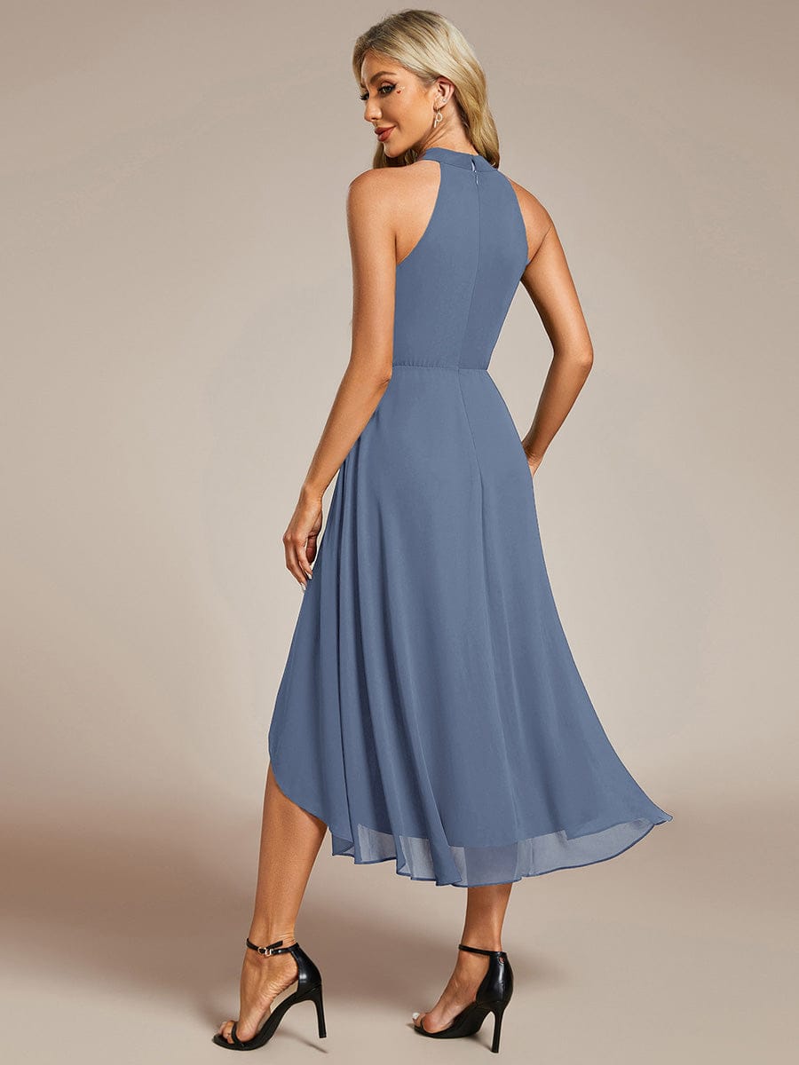 Midi A Line Sleeveless Halter Neck Evening Dress in Chiffon #color_Dusty Blue