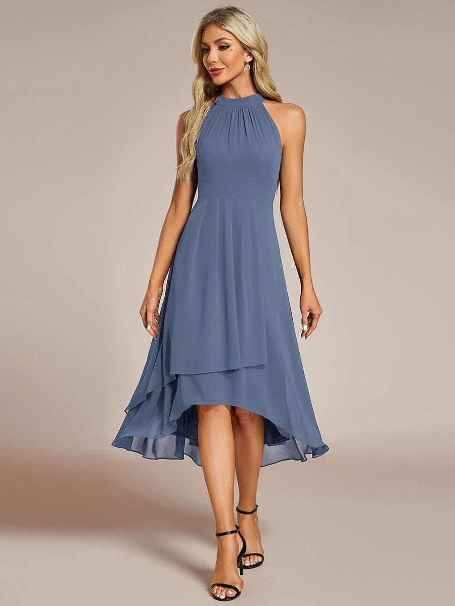 Midi A Line Sleeveless Halter Neck Evening Dress in Chiffon #color_Dusty Blue