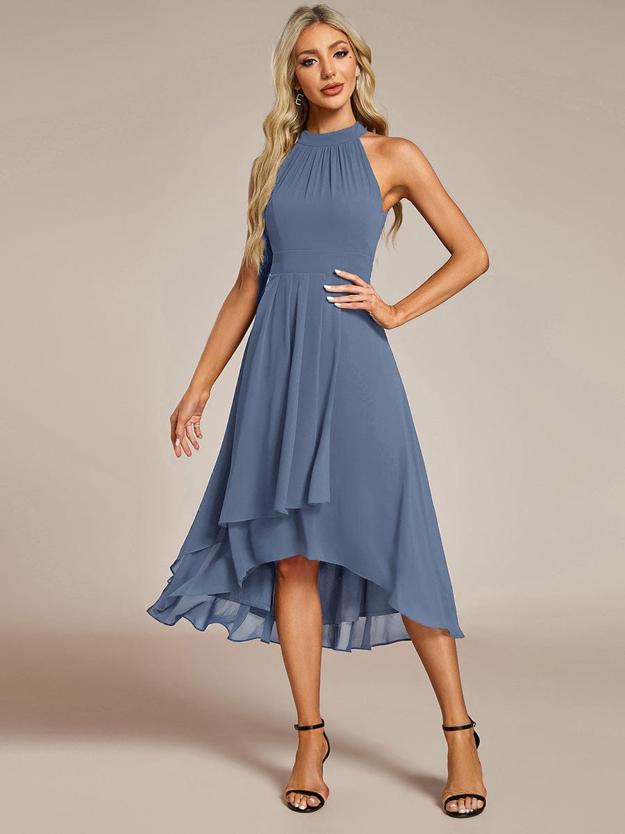 Midi A Line Sleeveless Halter Neck Evening Dress in Chiffon #color_Dusty Blue