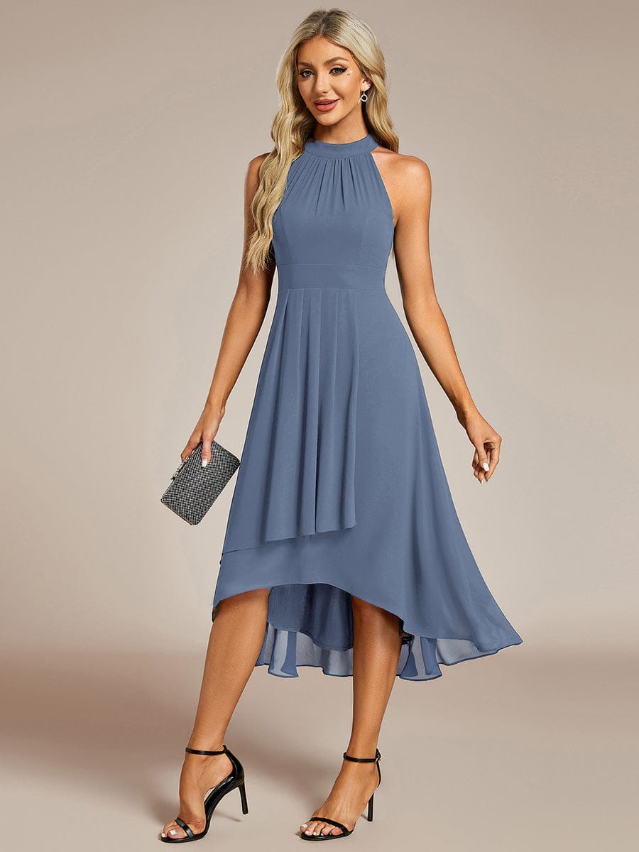 Midi A Line Sleeveless Halter Neck Evening Dress in Chiffon #color_Dusty Blue