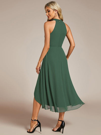 Midi A Line Sleeveless Halter Neck Evening Dress in Chiffon #color_Eucalyptus Green