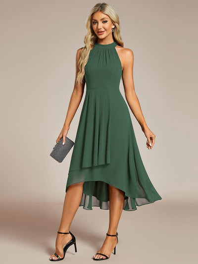 Midi A Line Sleeveless Halter Neck Evening Dress in Chiffon #color_Eucalyptus Green