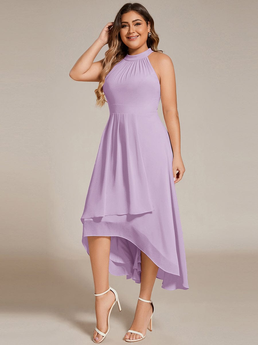 Midi A Line Sleeveless Halter Neck Evening Dress in Chiffon #color_Frosted Lilac