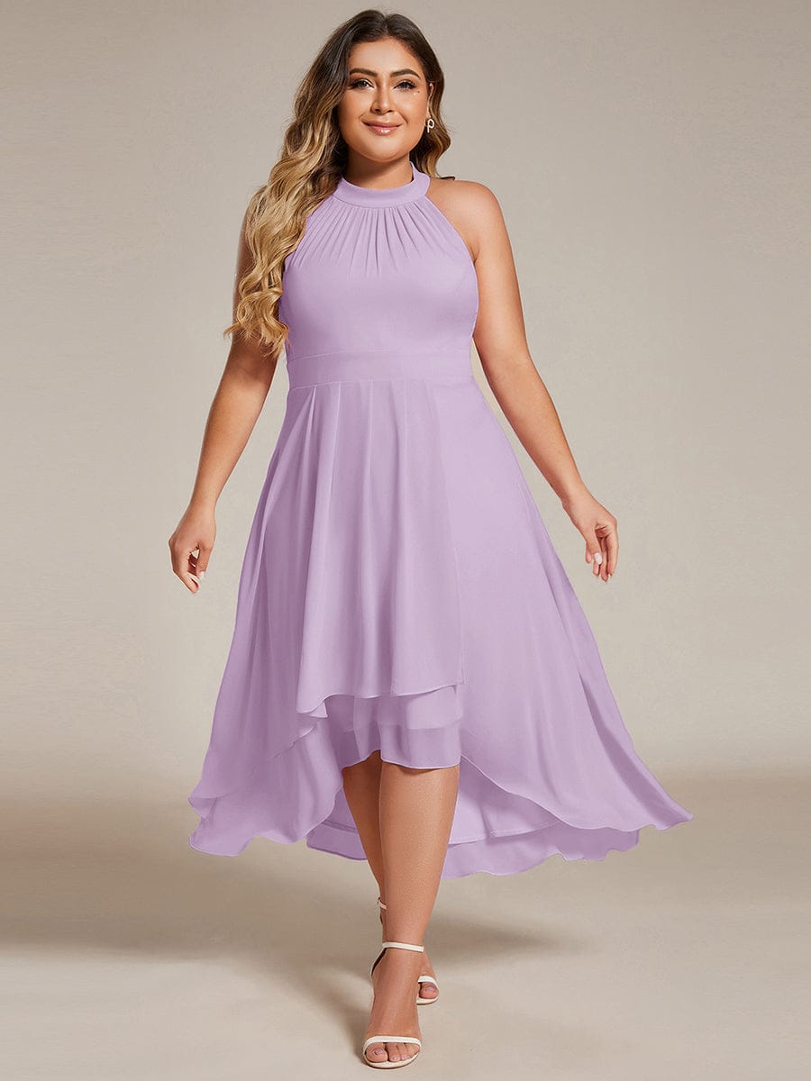 Midi A Line Sleeveless Halter Neck Dress in Chiffon In Pink #color_Frosted Lilac