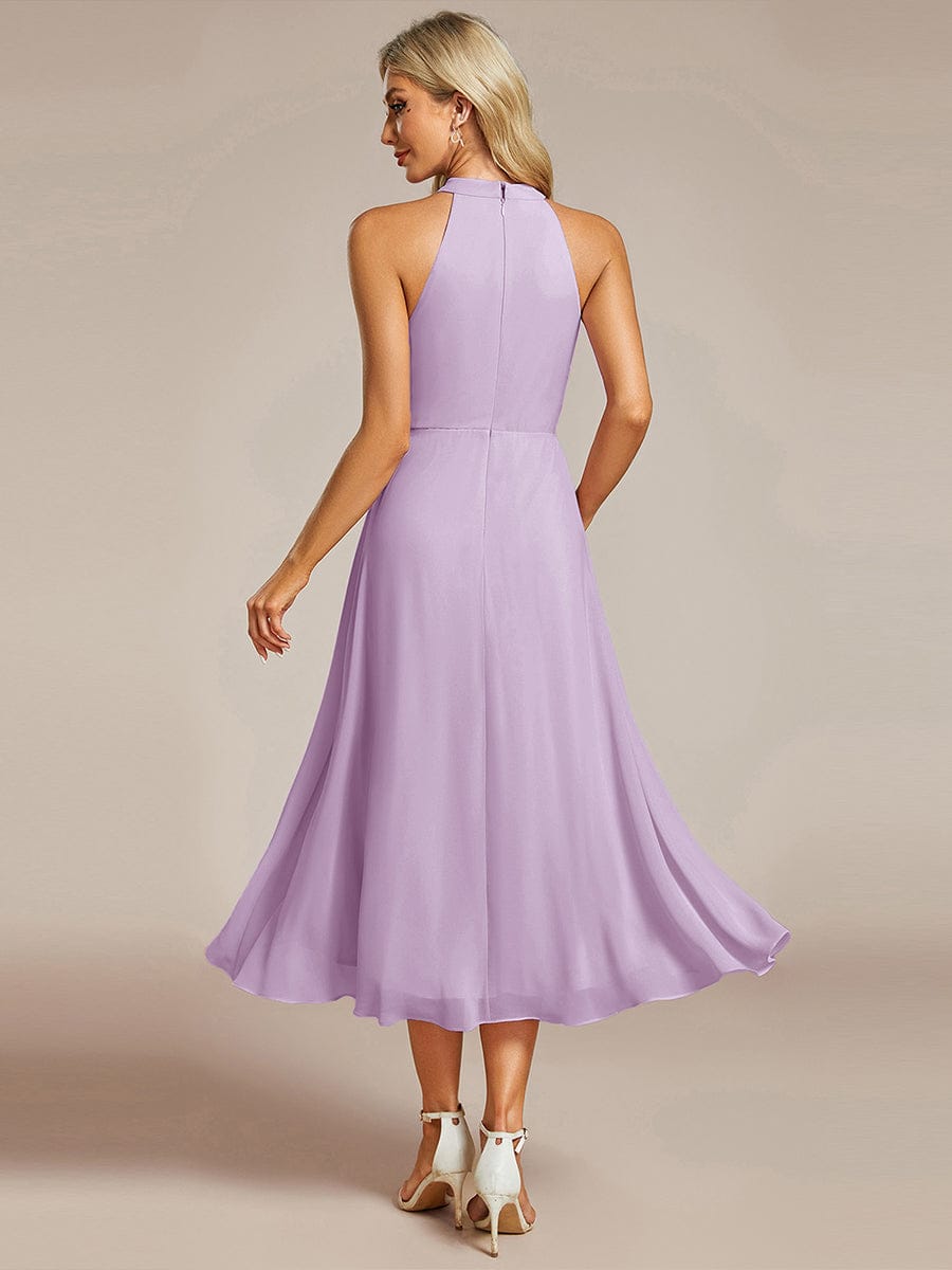 Midi A Line Sleeveless Halter Neck Wedding Guest Dress in Chiffon #color_Frosted Lilac