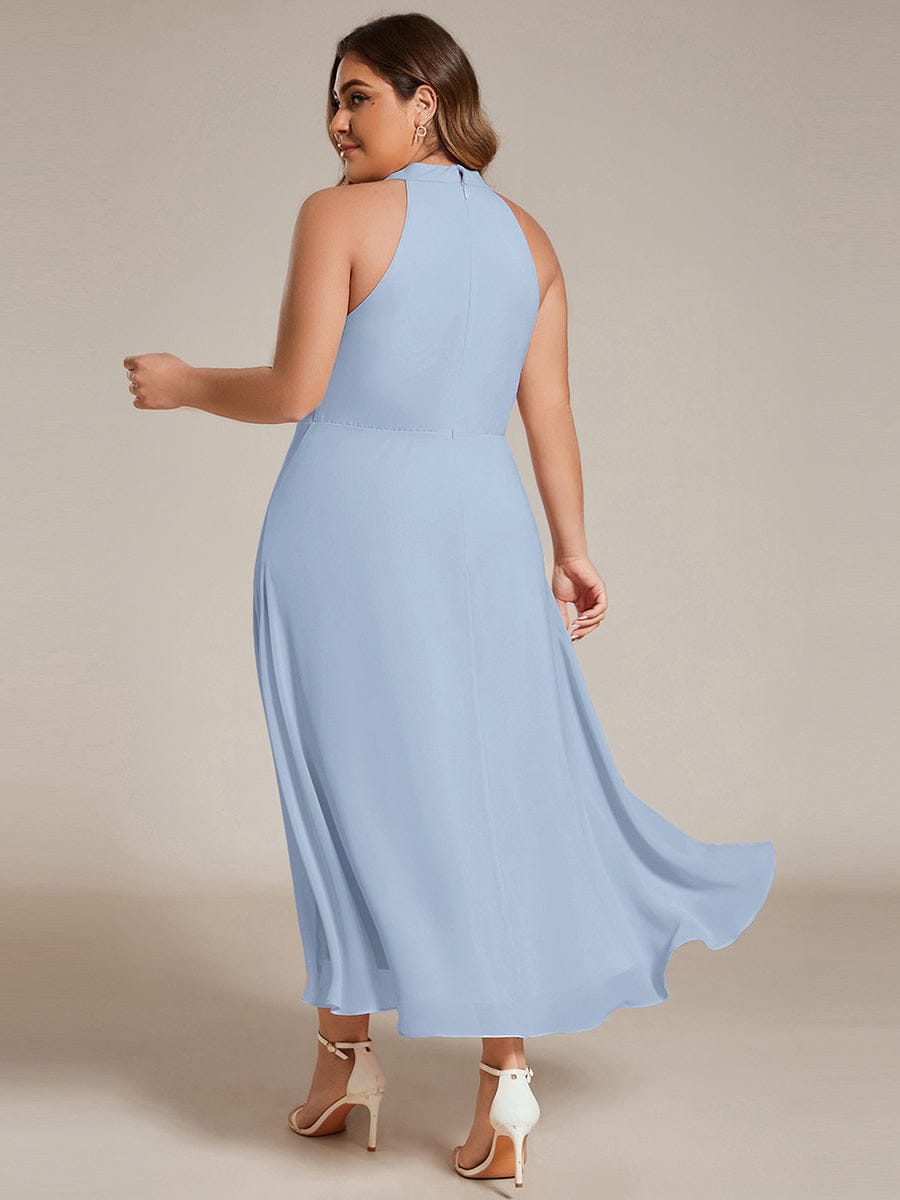 Midi A Line Sleeveless Halter Neck Dress in Chiffon In Pink #color_Ice Blue