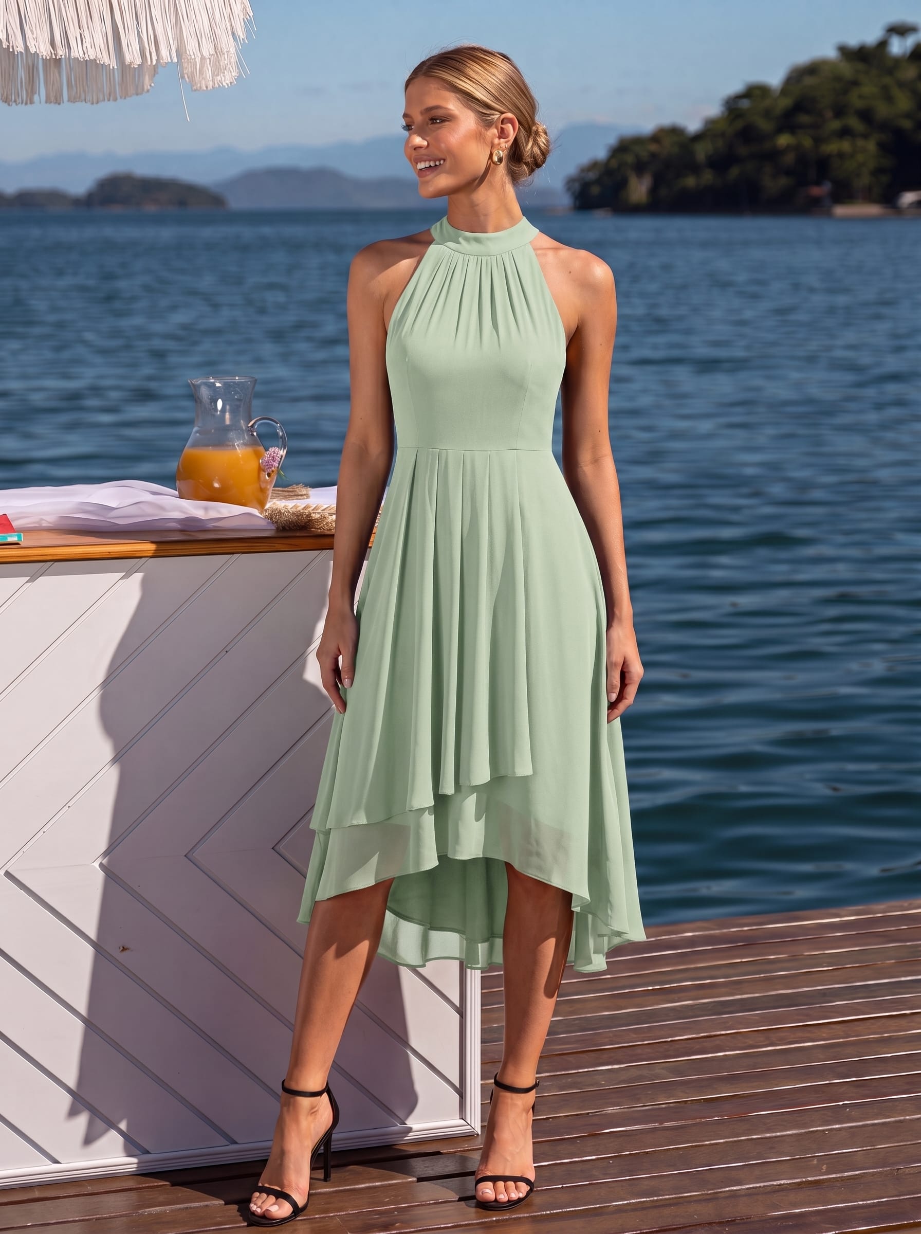 Midi A Line Sleeveless Halter Neck Wedding Guest Dress in Chiffon #color_Mint Green