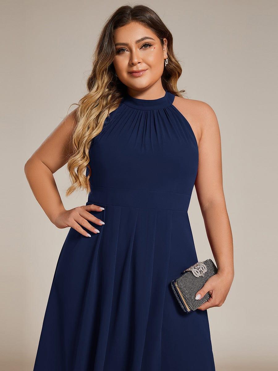 Midi A Line Sleeveless Halter Neck Evening Dress in Chiffon #color_Navy Blue