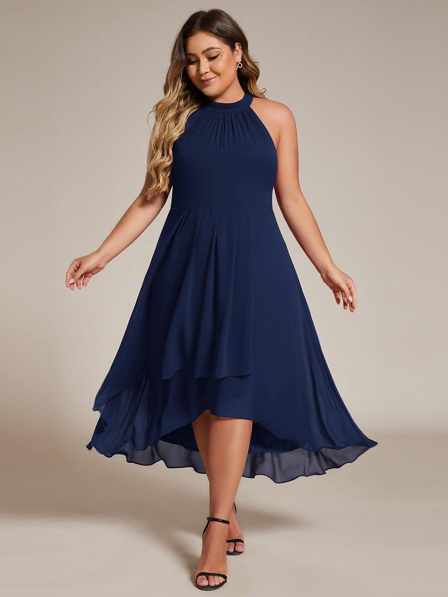 Midi A Line Sleeveless Halter Neck Evening Dress in Chiffon #color_Navy Blue