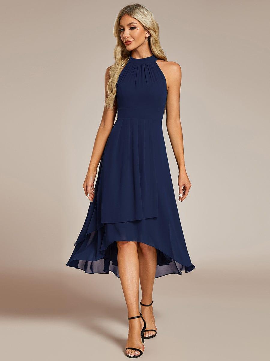 Midi A Line Sleeveless Halter Neck Evening Dress in Chiffon #color_Navy Blue