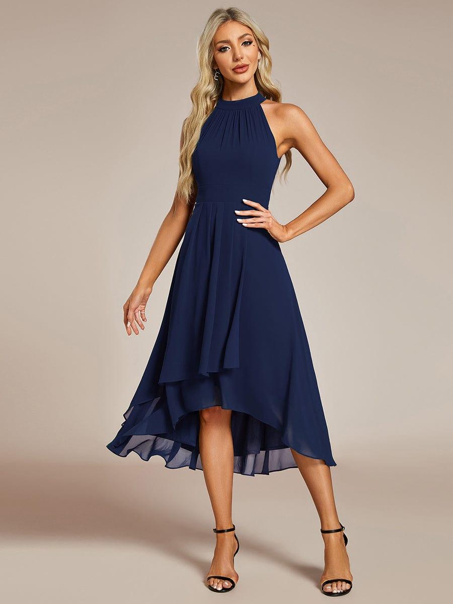 Midi A Line Sleeveless Halter Neck Evening Dress in Chiffon #color_Navy Blue