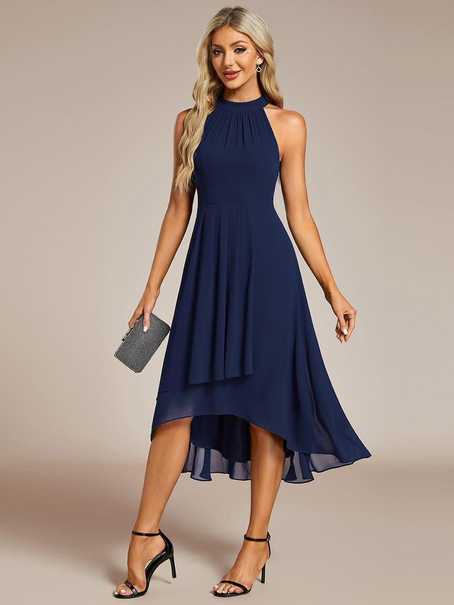 Midi A Line Sleeveless Halter Neck Evening Dress in Chiffon #color_Navy Blue