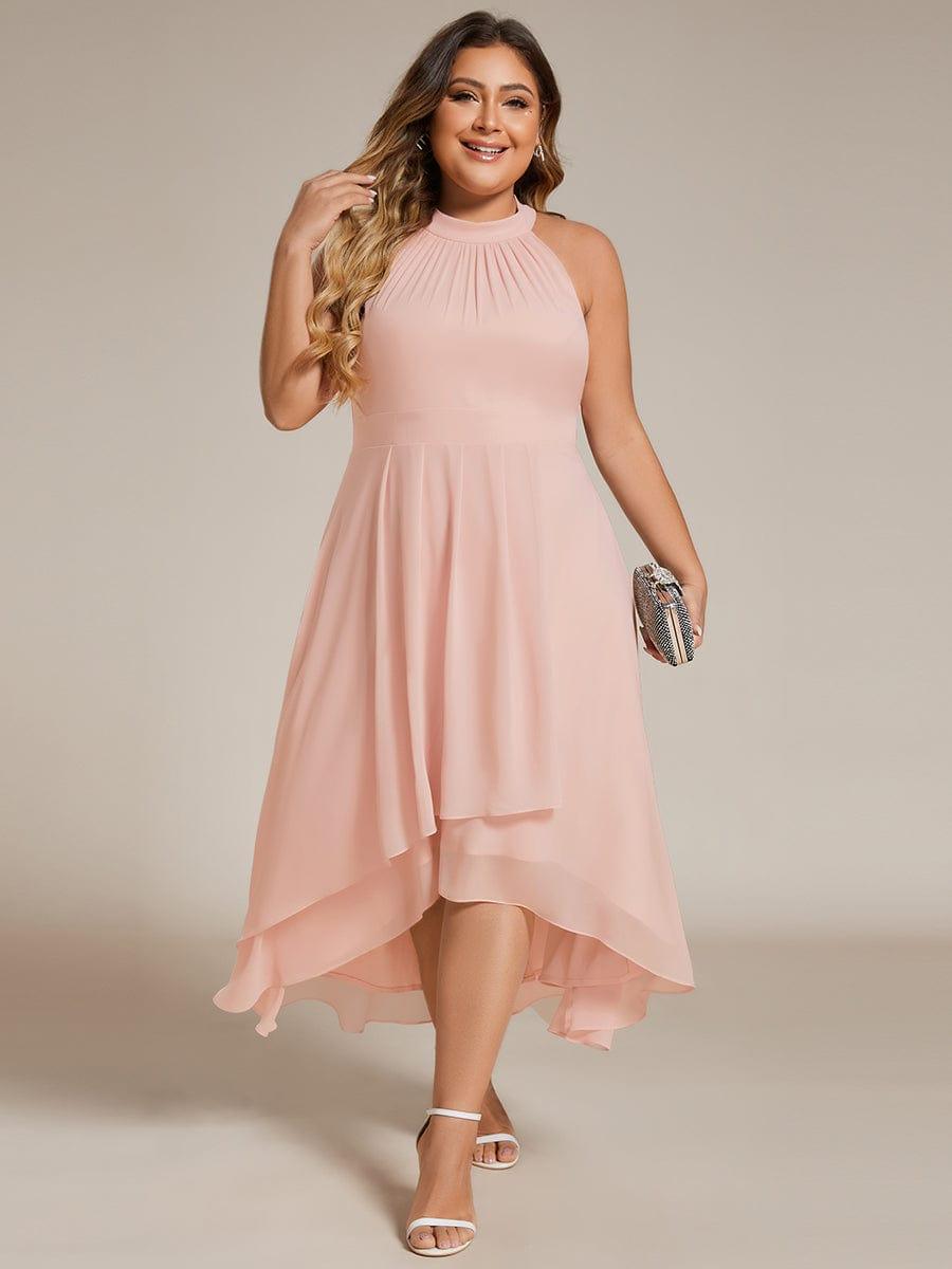 Midi A Line Sleeveless Halter Neck Evening Dress in Chiffon #color_Pink