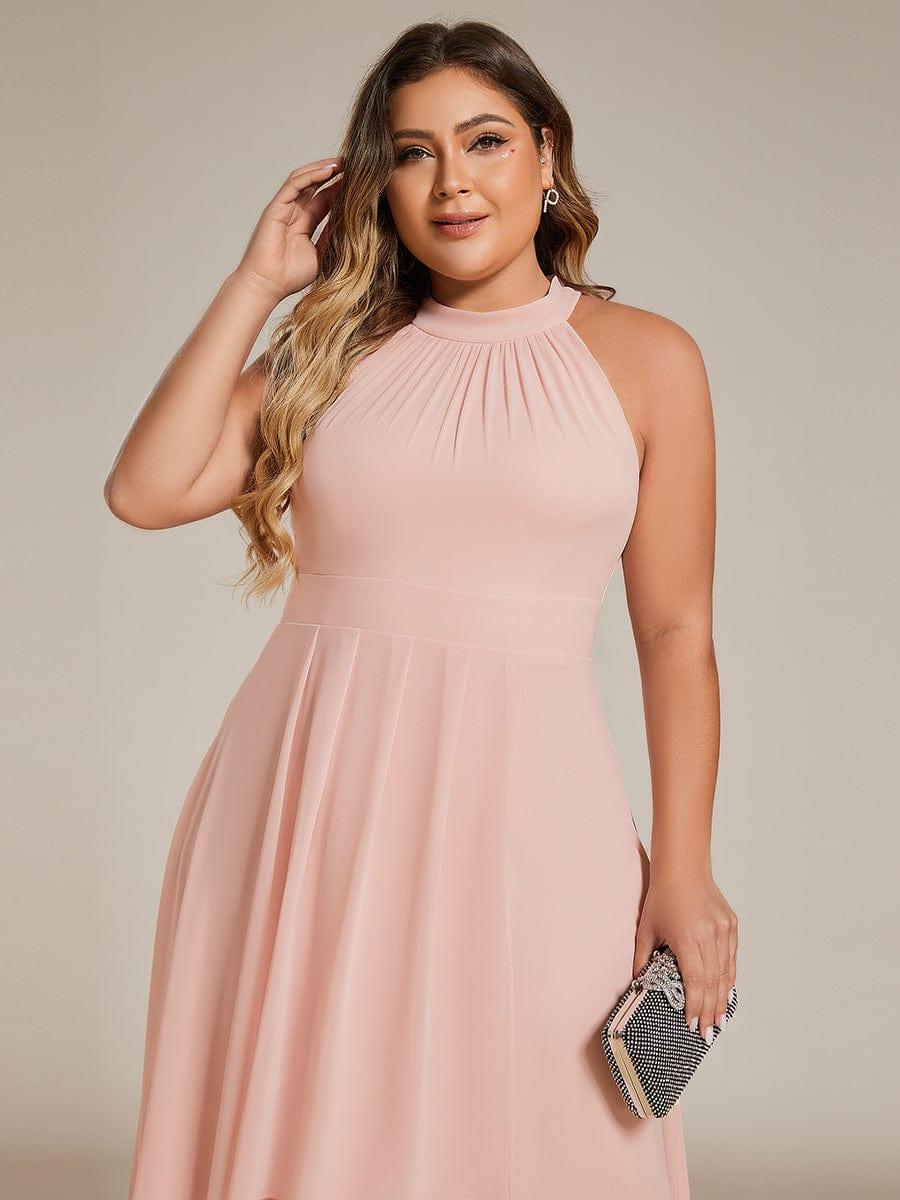 Midi A Line Sleeveless Halter Neck Evening Dress in Chiffon #color_Pink