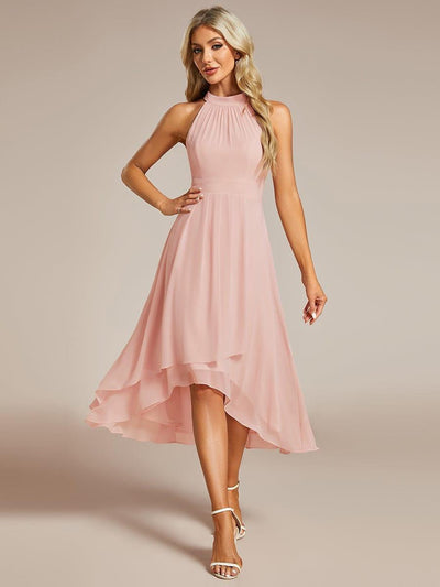 Midi A Line Sleeveless Halter Neck Wedding Guest Dress in Chiffon #color_Pink