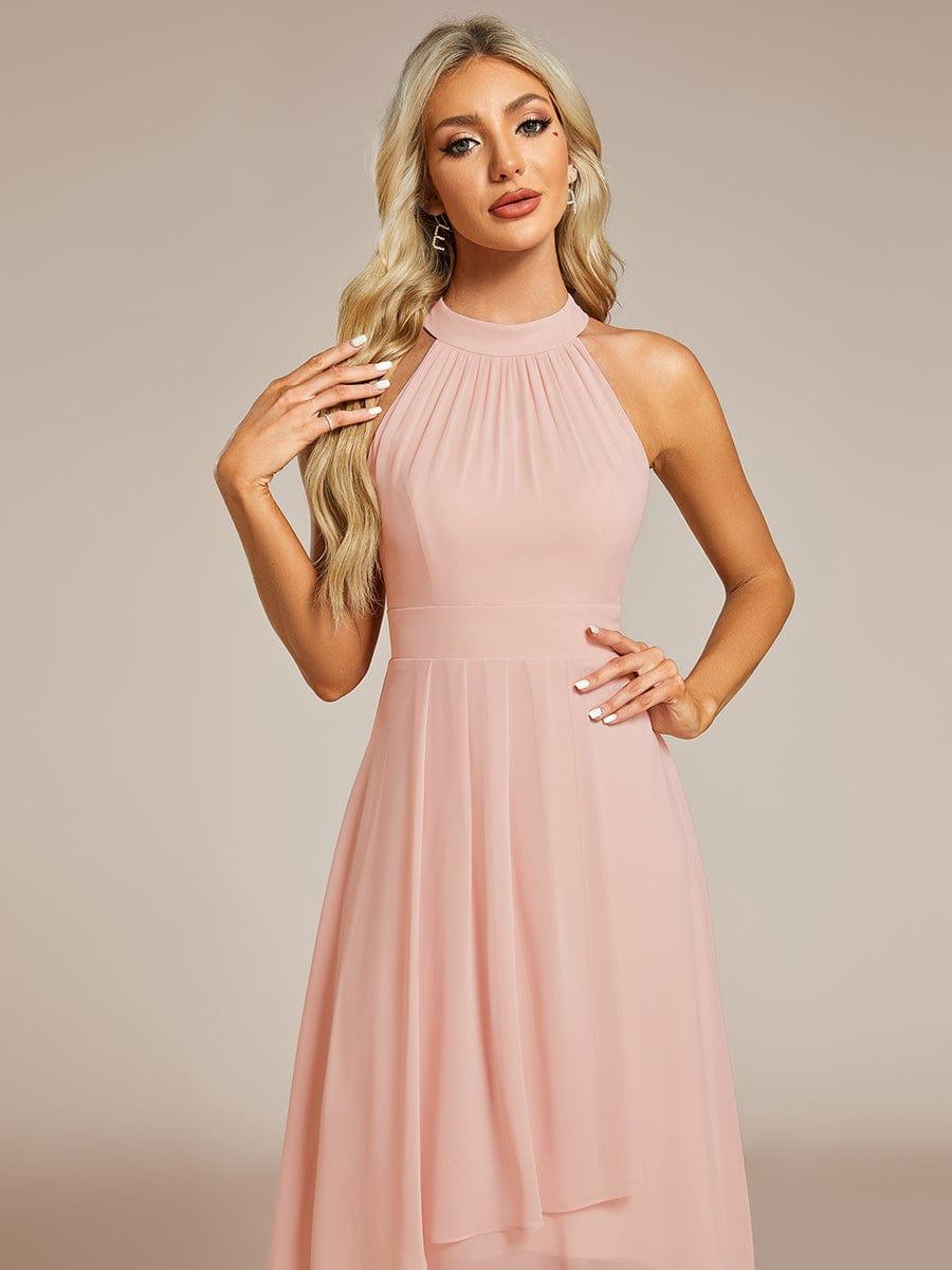 Midi A Line Sleeveless Halter Neck Evening Dress in Chiffon #color_Pink