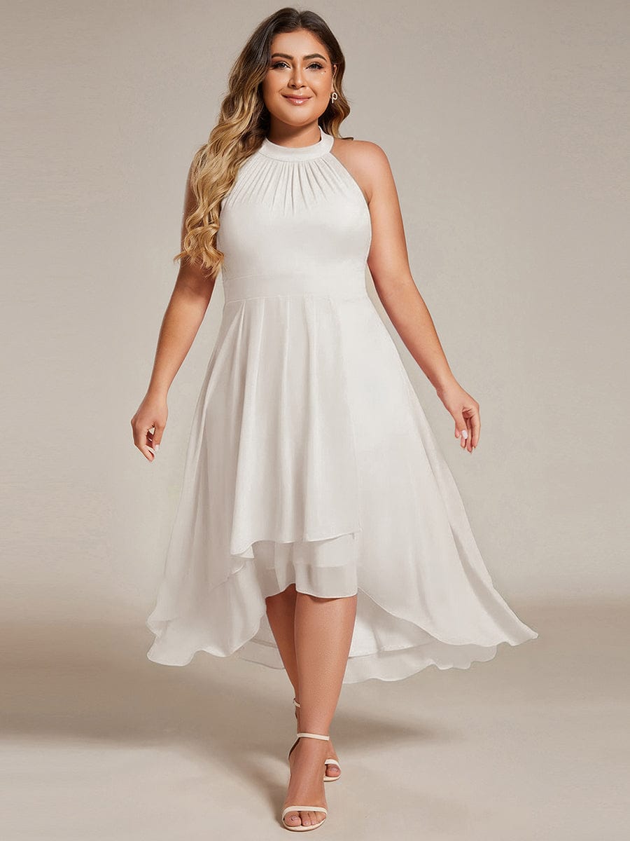 Midi A Line Sleeveless Halter Neck Evening Dress in Chiffon #color_White