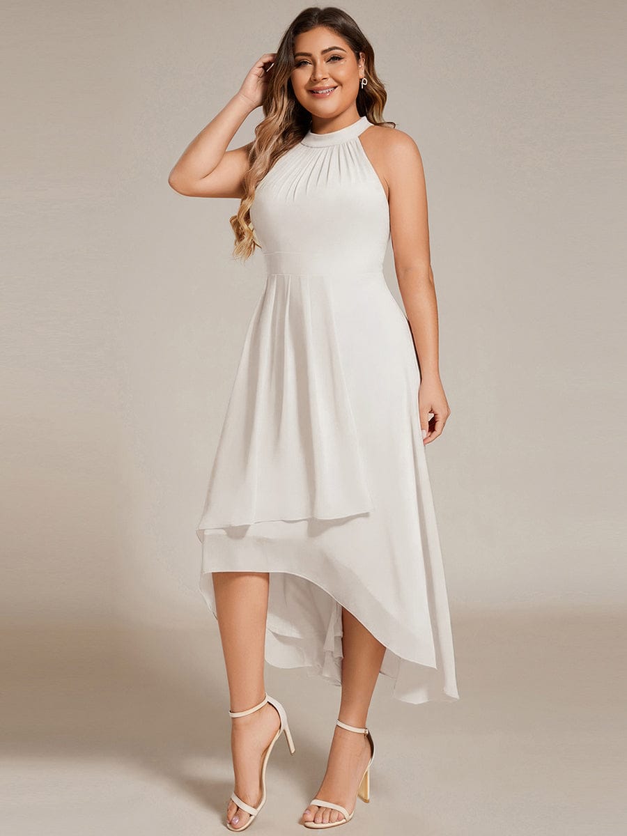 Midi A Line Sleeveless Halter Neck Evening Dress in Chiffon #color_White