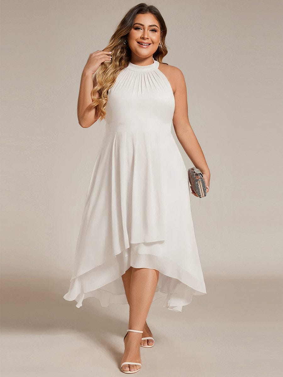 Midi A Line Sleeveless Halter Neck Evening Dress in Chiffon #color_White
