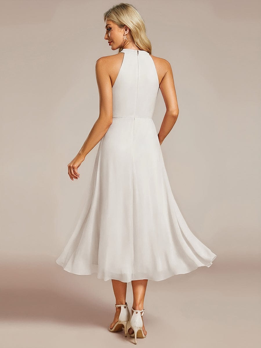 Midi A Line Sleeveless Halter Neck Evening Dress in Chiffon #color_White