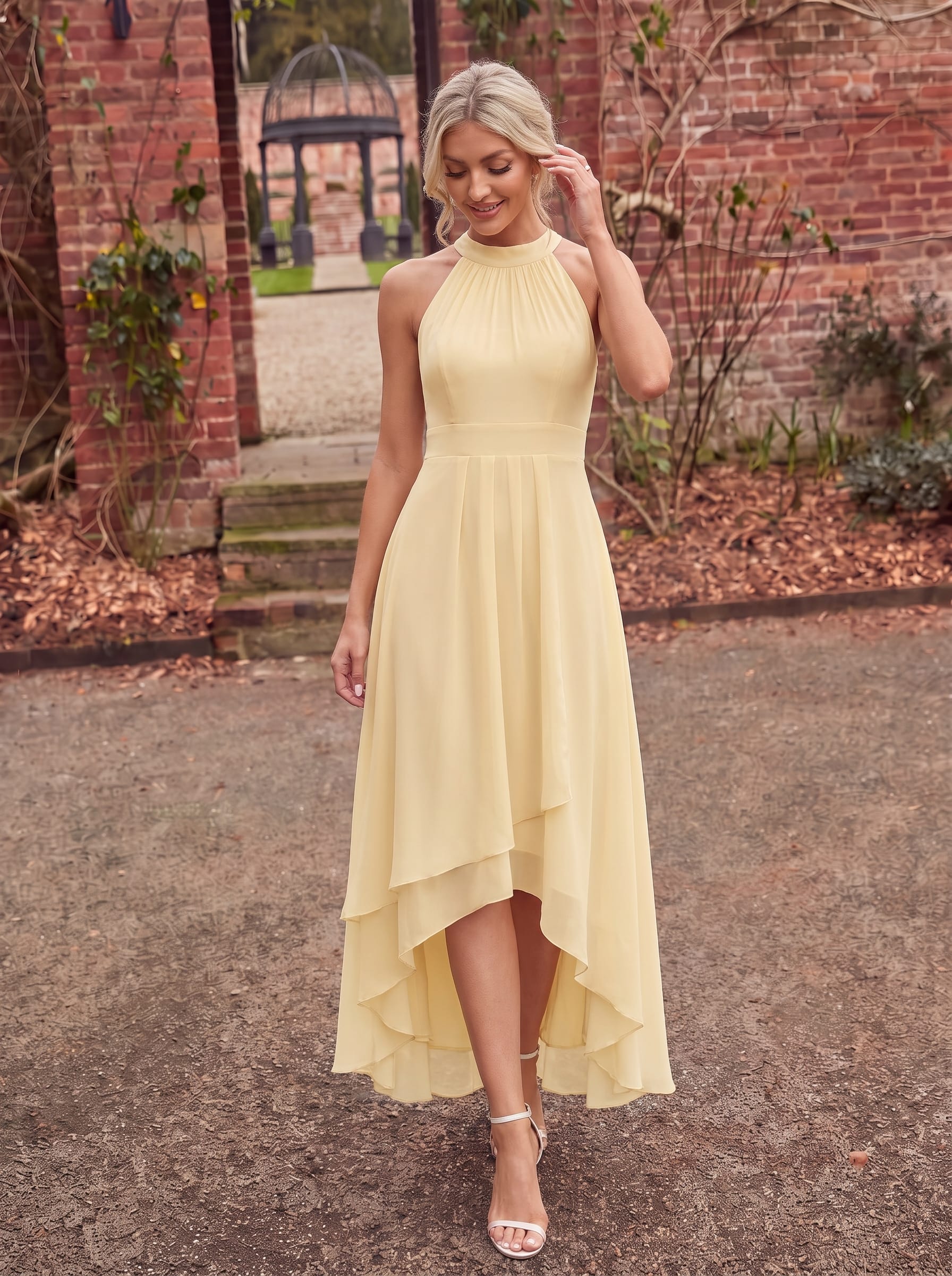 Midi A Line Sleeveless Halter Neck Wedding Guest Dress in Chiffon #color_Yellow