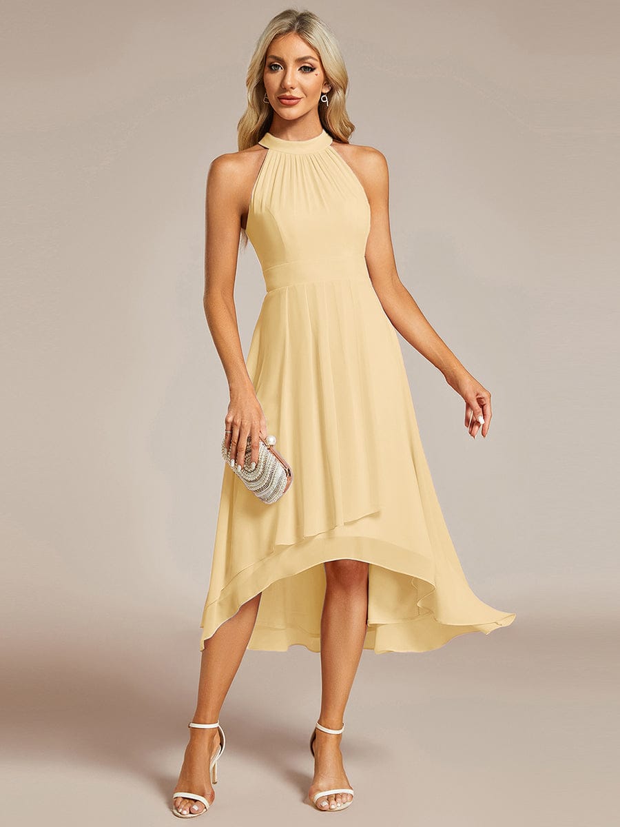 Midi A Line Sleeveless Halter Neck Evening Dress in Chiffon #color_Yellow