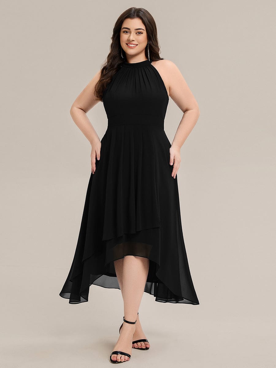 Gathered Chiffon Sleeveless Wedding Guest Dress #color_Black