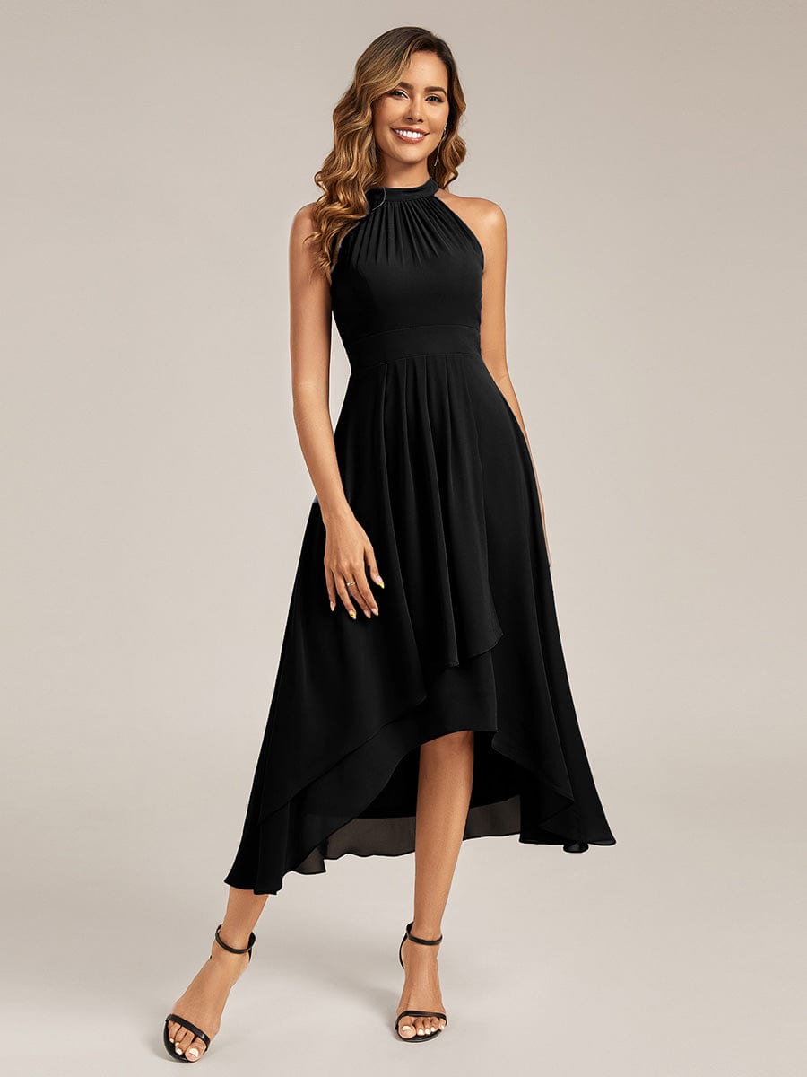 Gathered Chiffon Sleeveless Wedding Guest Dress #color_Black