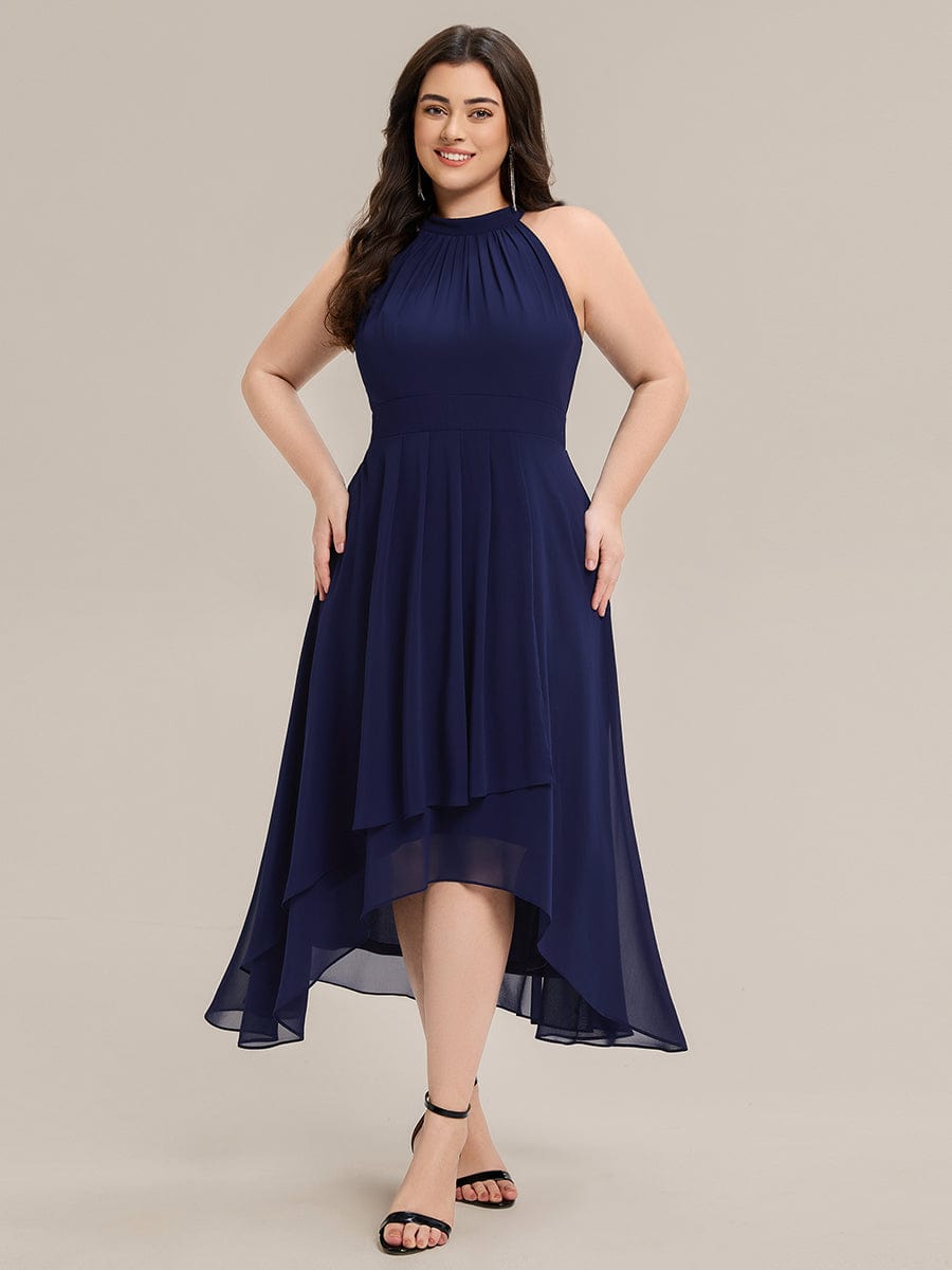 Gathered Chiffon Sleeveless Wedding Guest Dress #color_Navy Blue