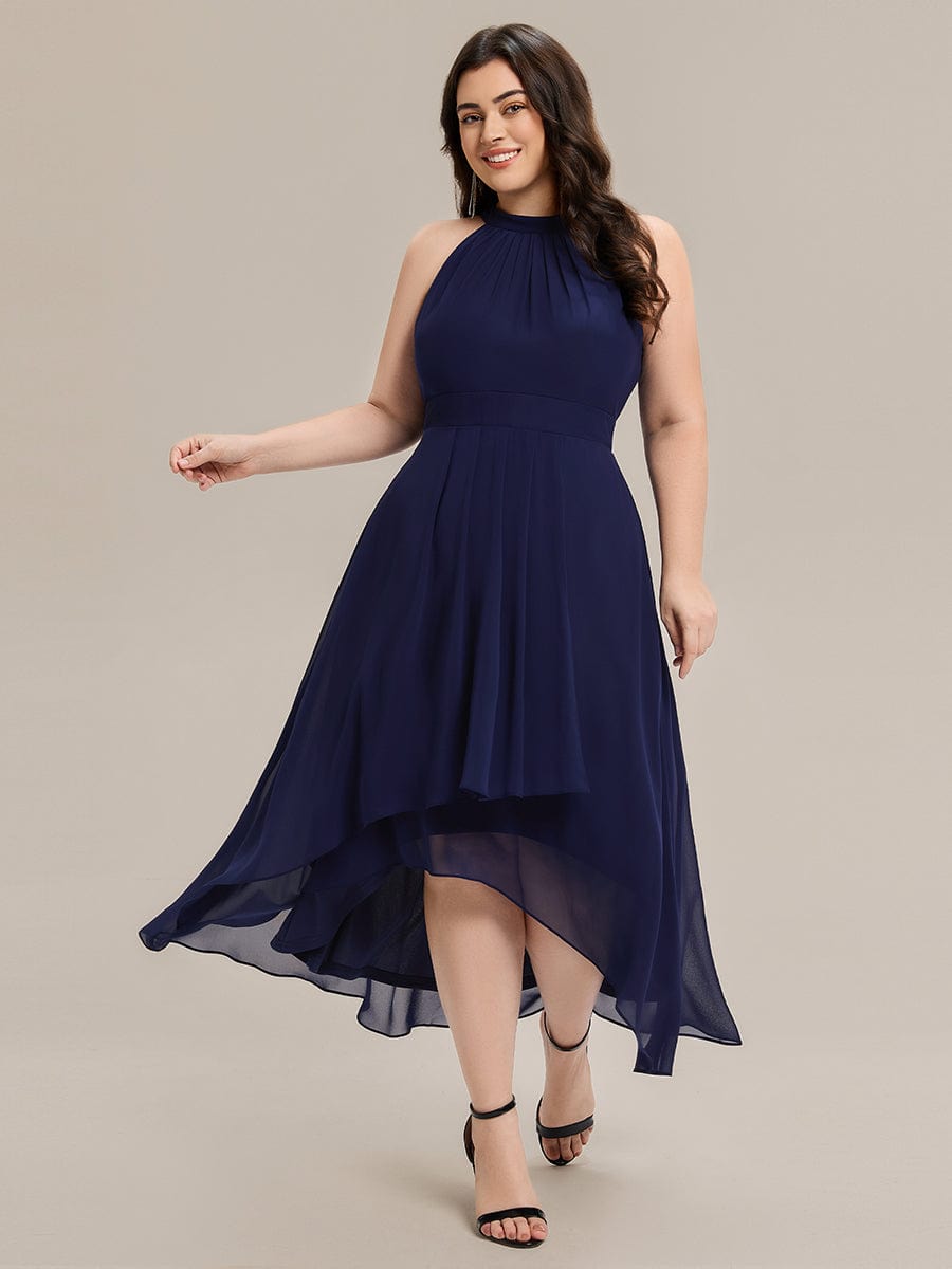 Gathered Chiffon Sleeveless Wedding Guest Dress #color_Navy Blue