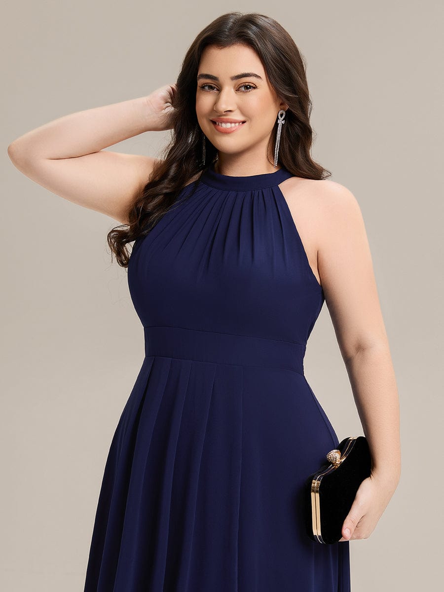 Gathered Chiffon Sleeveless Wedding Guest Dress #color_Navy Blue
