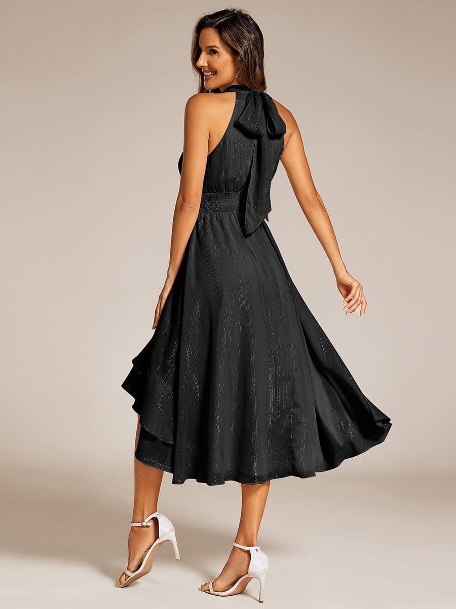 Shimmering Halter Neck Pleated High-Low Ruffle Wedding Guest Dress #color_Black